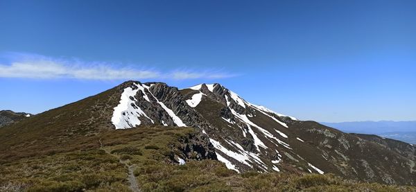 Low angle view of snowcapped mountain against blue sky