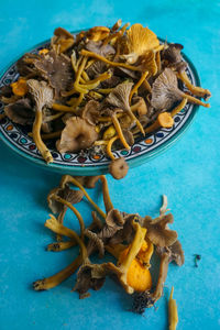 Funnel chantarelles and chantarelles on blue plates