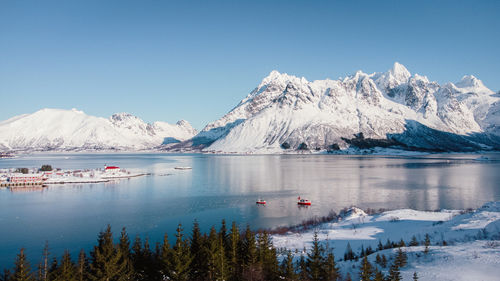 Fisher boats in a fjord on lofoten islands