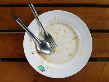 High angle view of breakfast in plate on table