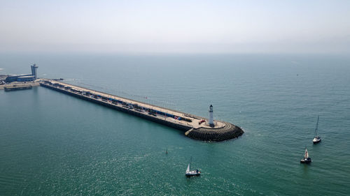 High angle view of boats in sea