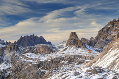 Panoramic view of snow mountains against sky