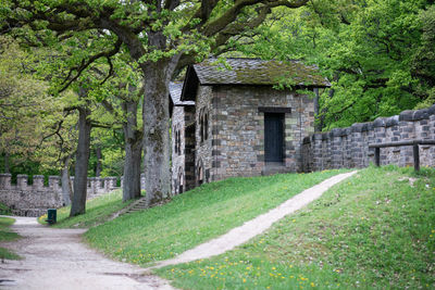 Old building by trees in forest
