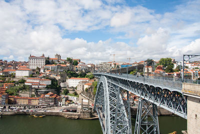 Dom luis i bridge over douro river by townscape against cloudy sky