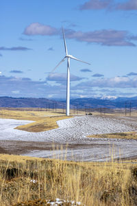 Wind turbines in a field with blue sky