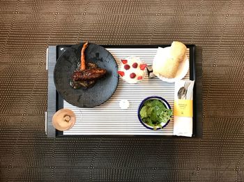 High angle view of meal served on table