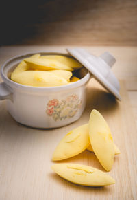 High angle view of dessert in bowl on table