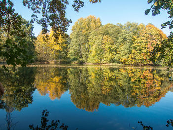 Reflection of trees in lake against sky during autumn