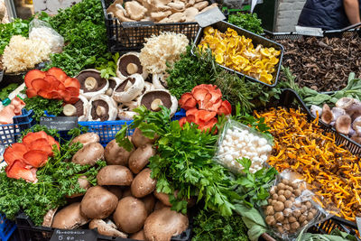 High angle view of vegetables for sale at market stall