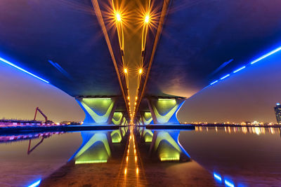 Illuminated bridge over sea at night