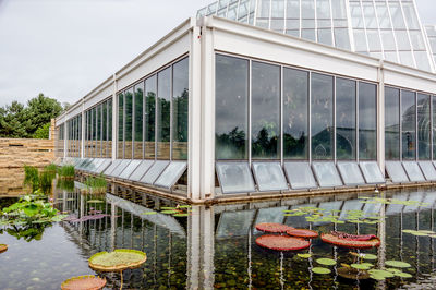 Greenhouse by pond against sky