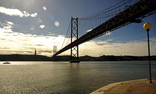 Suspension bridge over river against cloudy sky