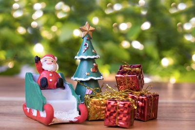 Close-up of christmas decorations on table