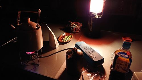 High angle view of wine bottles on table