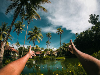 Cropped image of man gesturing against palm trees
