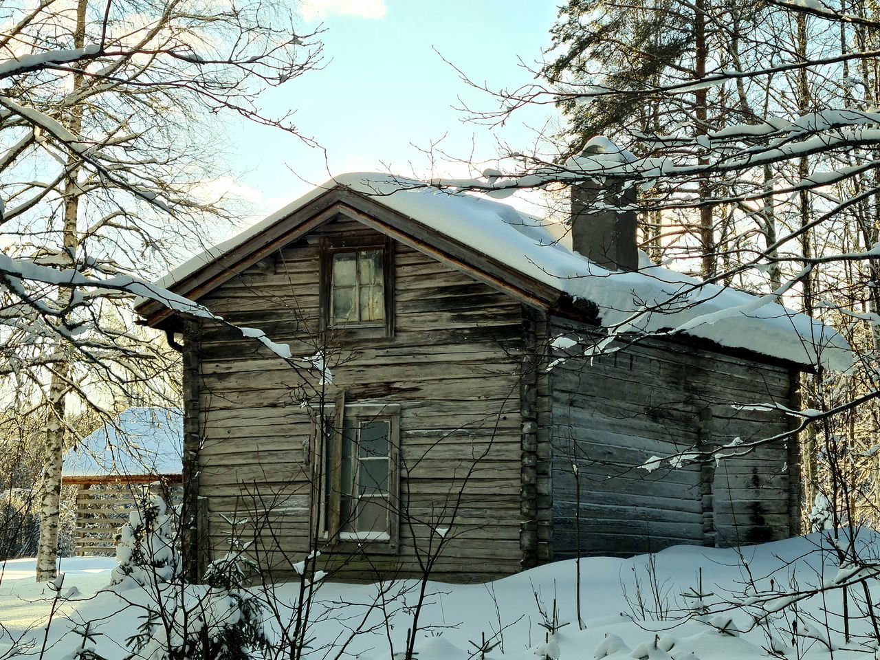 winter, built structure, architecture, building exterior, snow, tree, cold temperature, bare tree, building, plant, nature, house, home, no people, sugar house, day, sky, shack, wood, barn, rural area, outdoors, residential district, land, branch, frozen, landscape, log cabin, abandoned, cottage, non-urban scene