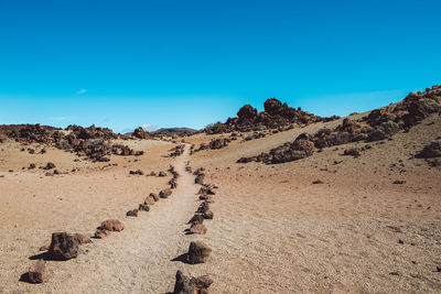 Scenic view of desert against clear blue sky