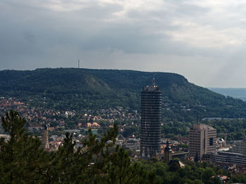 High angle view of buildings in city