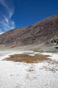 Scenic view of mountains against blue sky