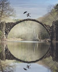 Birds flying over river against sky