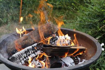 Close-up of bonfire on barbecue grill