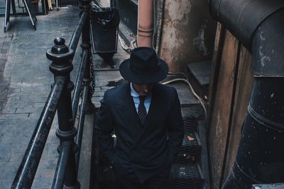 High angle view of man on steps