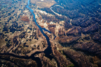 Aerial drone view of river in valley. natural landscape