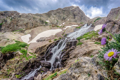 Scenic view of waterfall against sky