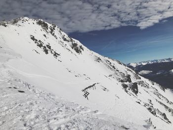 Scenic view of snow covered mountains against sky