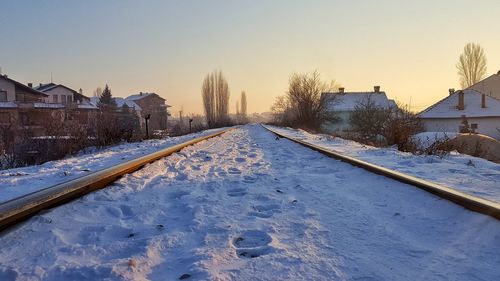 Snow covered landscape against clear sky