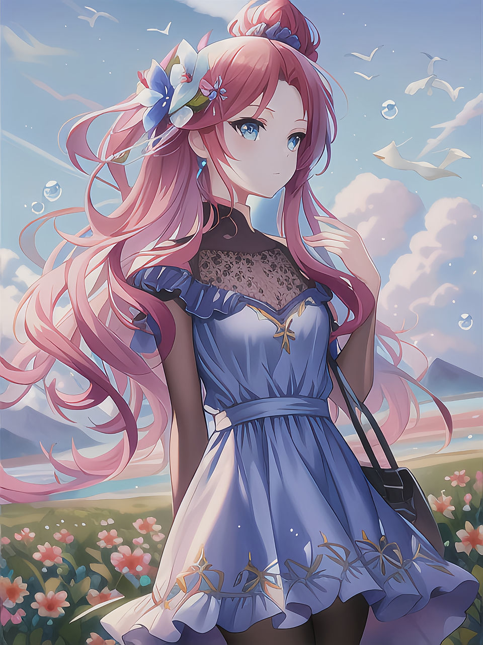 anime, cartoon, women, one person, adult, fashion, nature, clothing, young adult, sky, dress, manga, flower, plant, female, flowering plant, beauty in nature, portrait, hairstyle, outdoors, screenshot, blue, arts culture and entertainment, person, three quarter length, standing, cloud, fantasy