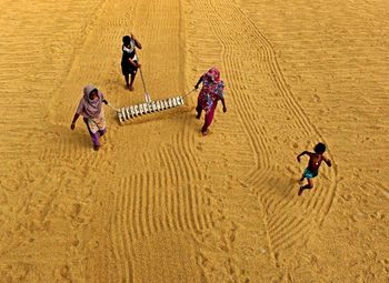 High angle view of people working on sand at desert