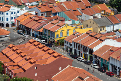 High angle view of houses in town