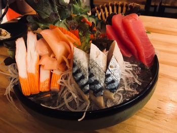 Close-up of chopped vegetables in bowl on table