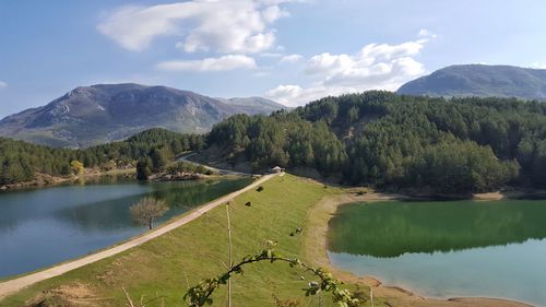 Scenic view of lake and mountains against sky