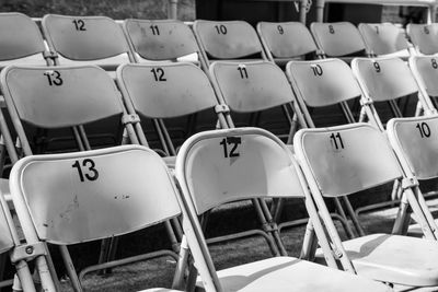 Full frame shot of empty chairs at stadium