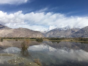 Scenic view of lake and mountains against sky