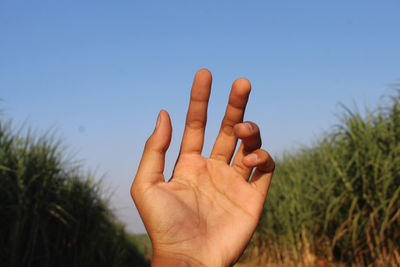 Close-up of cropped hand against sky