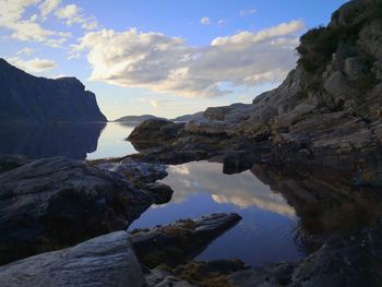 Scenic view of lake and mountains against sky