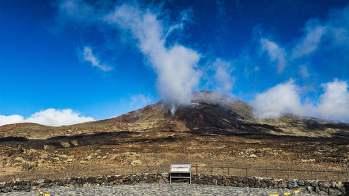 Aerial view of volcanic mountain against blue sky