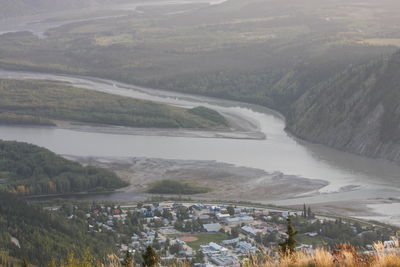 High angle view of townscape and mountains