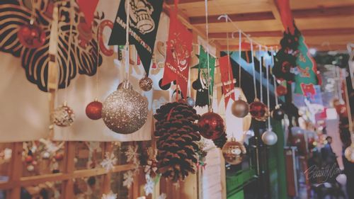Christmas decorations hanging for sale in store