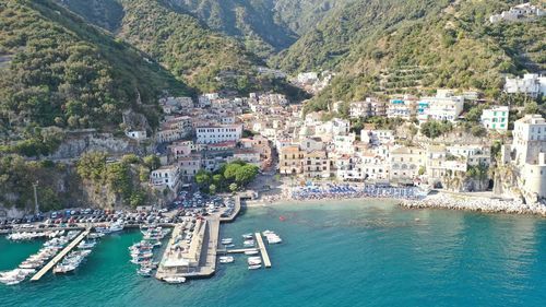 High angle view of town by sea