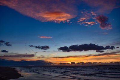 Scenic view of beach against sky during sunset