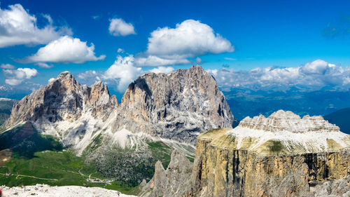 Panoramic view of mountains against blue sky