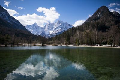 Scenic view of lake and mountains against sky