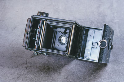 Close-up of camera on table