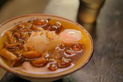 Close-up of food in bowl, soba noodles