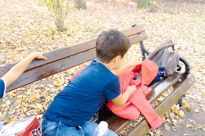 High angle view of boy playing in park