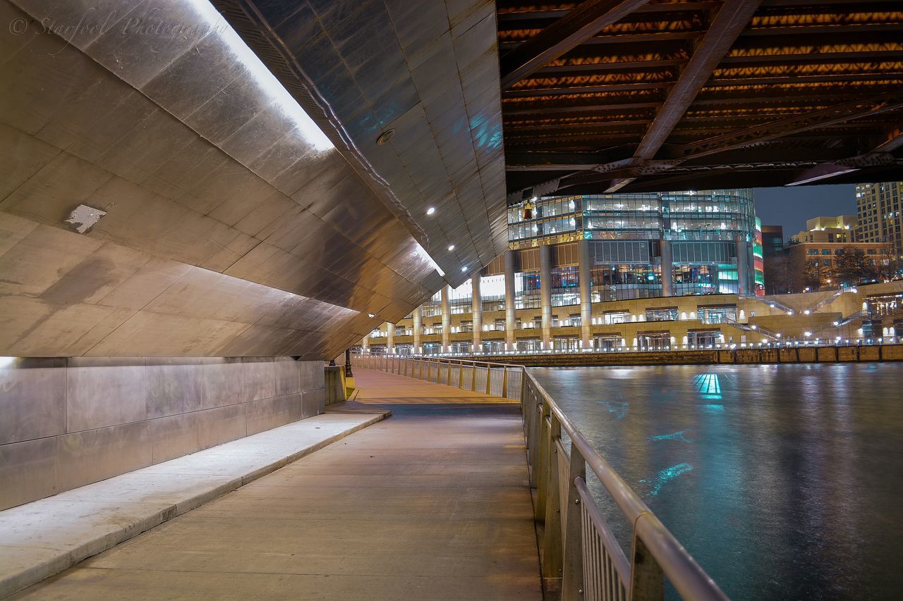 architecture, built structure, the way forward, indoors, diminishing perspective, ceiling, empty, vanishing point, long, illuminated, walkway, bridge - man made structure, connection, narrow, water, transportation, corridor, no people, railing, architectural column